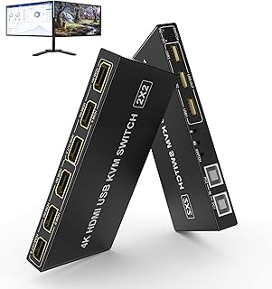 Dual Monitor HDMI KVM Switch 2 Port 4K 60HZ, Extended Display USB KVM Switch HDMI 2 in 2 Out with USB 2.0 Hub and Audio Output, 2 HDMI Monitors 2 Computers Switch with Controller and USB Cables x2