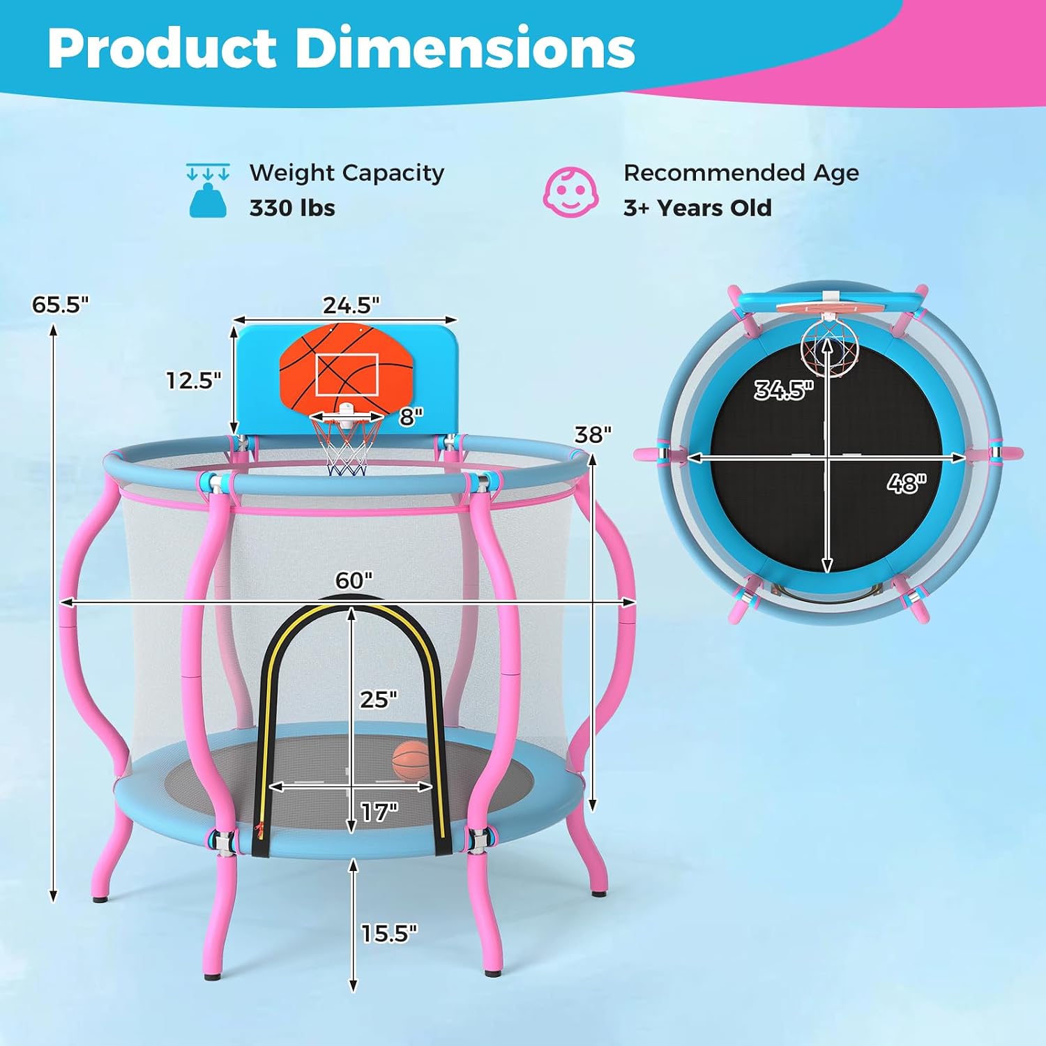 Close-up details of the trampoline's easy-to-clean surface, convenient zippers, and tight sewing
