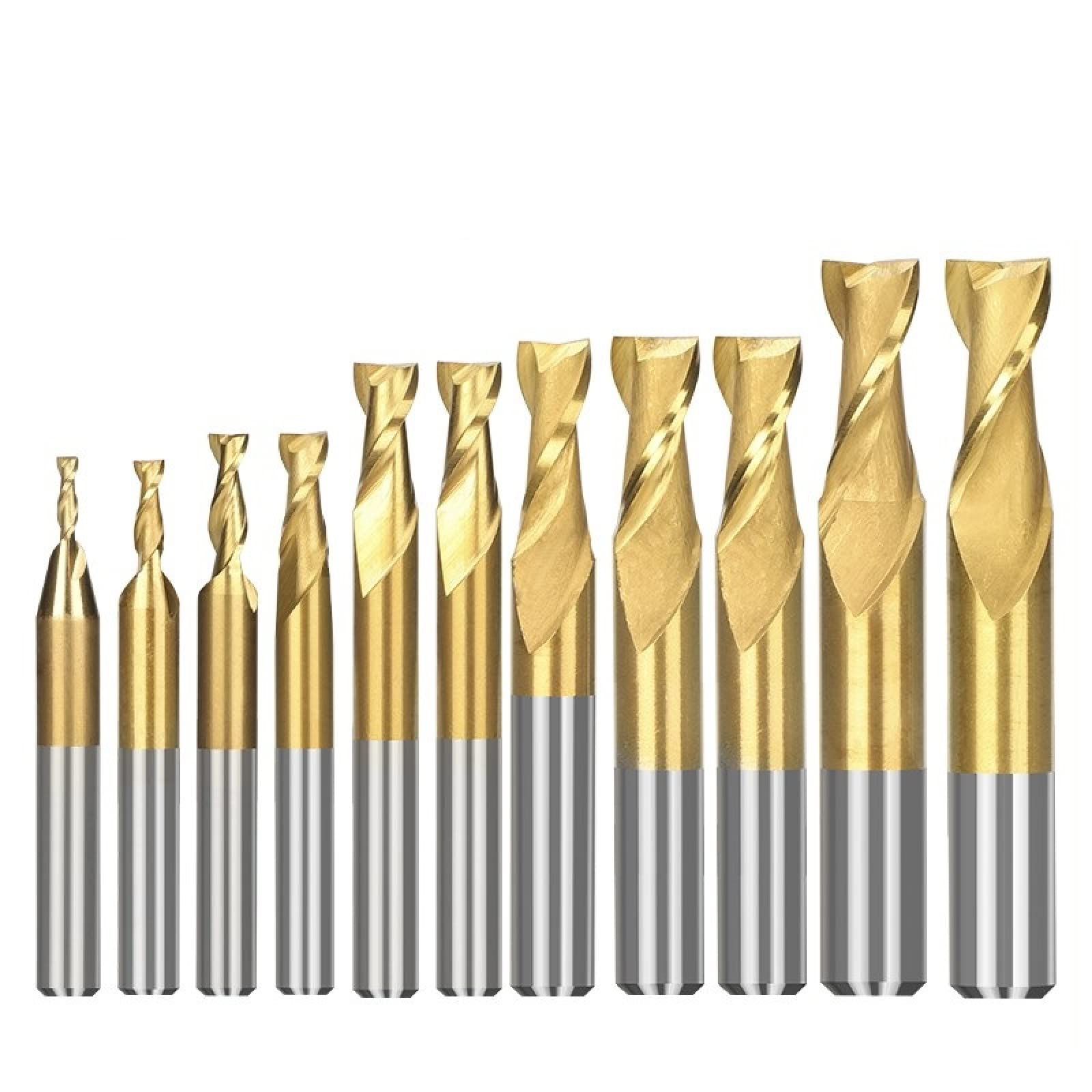 HSS-Fräser Mit 2 Flöten, Spiralschaftfräser Für Metall-Aluminium-Fräswerkzeug, TiN-beschichteter CNC-Fräser,11-teiliges Set