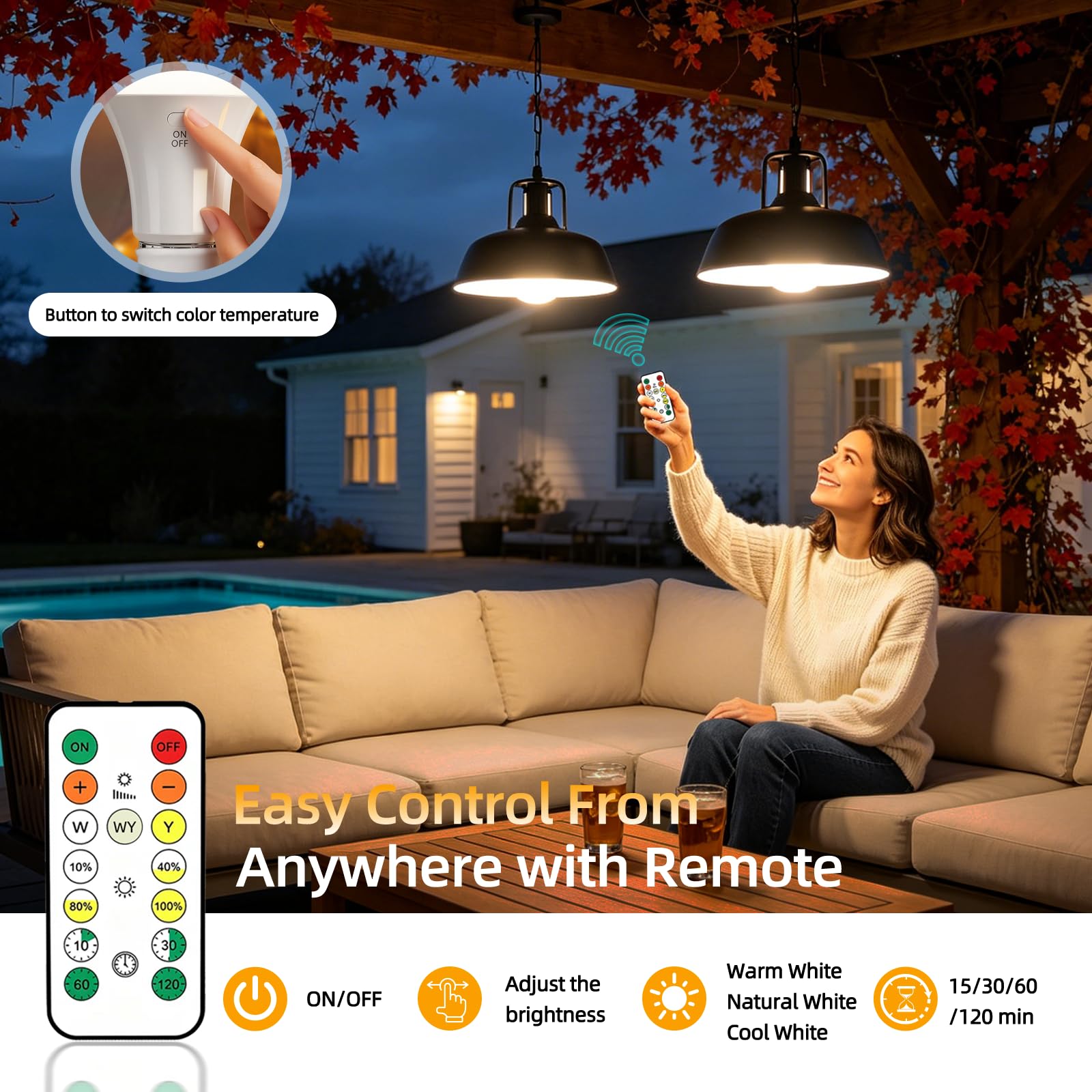 2600mAh Bombilla Recargable con Mando, 7W 3 Color Regulable & Timer, USB E27 Exteriores Luz de Emergencia Acampar Portátil con Gancho, LED Linterna de Camping para Tienda, 1 Piezas — view 6