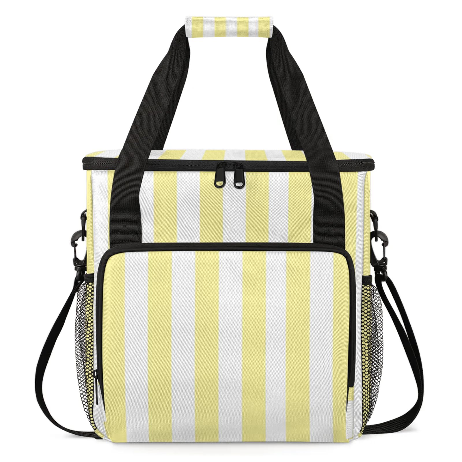 Adornori Yellow and White Stripes Travel Coffee Maker Carrying Bag, Large Organizer Storage Tote Bag Insulated Reusable Cooler Grocery Bags