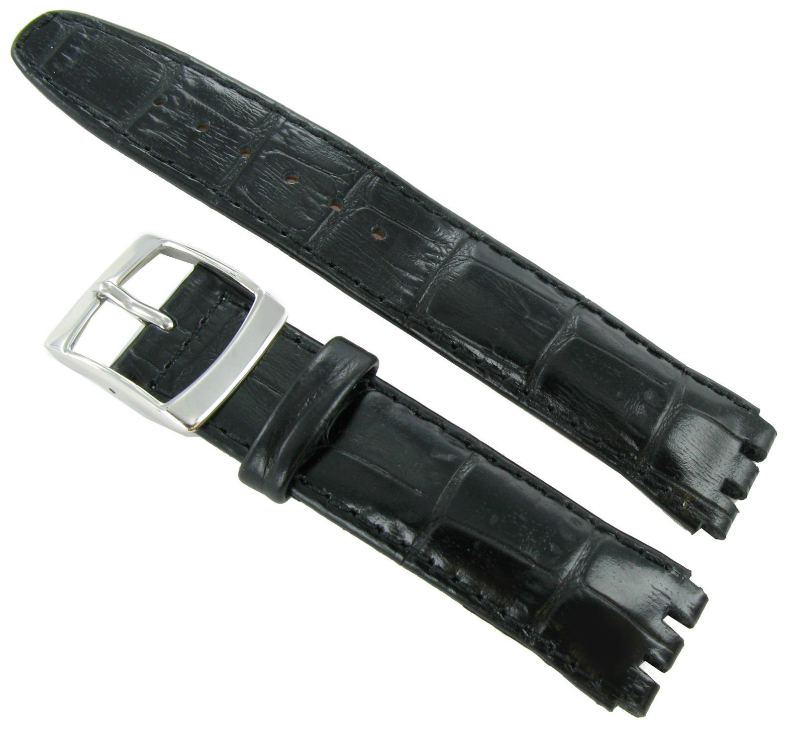 20mm Genuine Leather Alligator Grain Padded Black Watch Band Fits Swatch