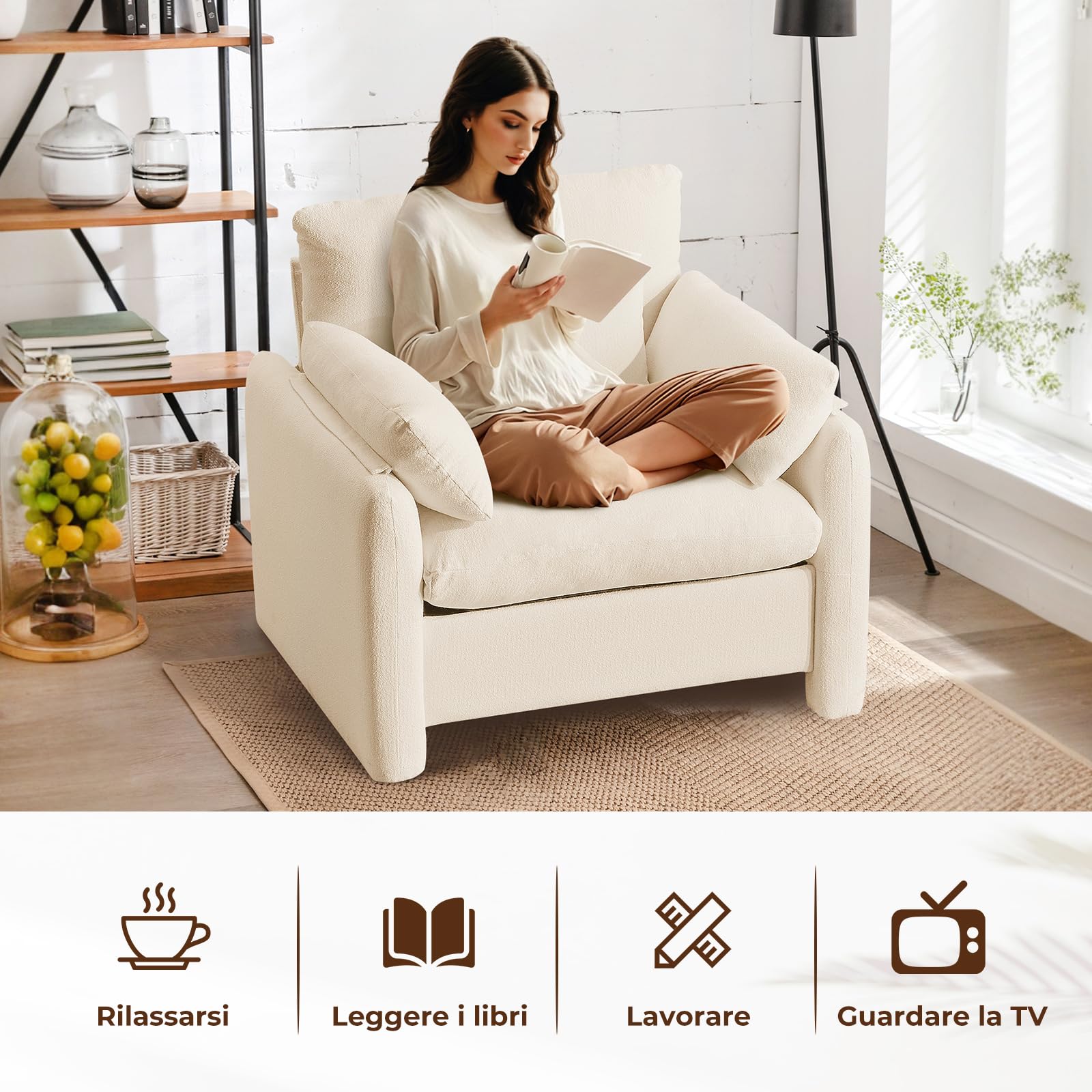 Extra-Grand Poltrona Salotto, 93.5cm Divano Singolo Poltrone Camera da Letto con Braccioli Rimovibili e Cuscino, Poltrona Imbottita Relax per Salotto Soggiorno Camera da Letto, Beige