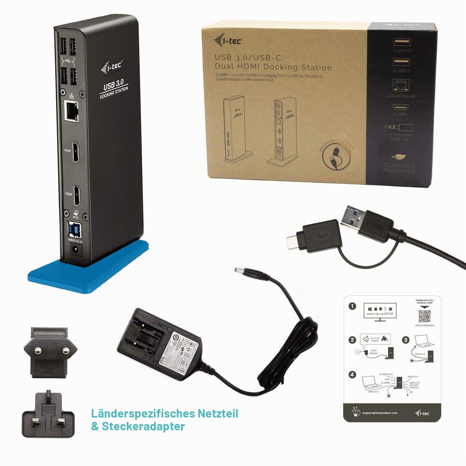 i-tec USB 3.0/USB-C Dual Docking Station für Tablets und Notebooks – 2X HDMI Full HD+, 4X USB 2.0, 2X USB 3.0, Gigabit Ethernet, Audio/Mik, Kompatible mit Windows, macOS, Linux, U3DUALHDMIDOCK