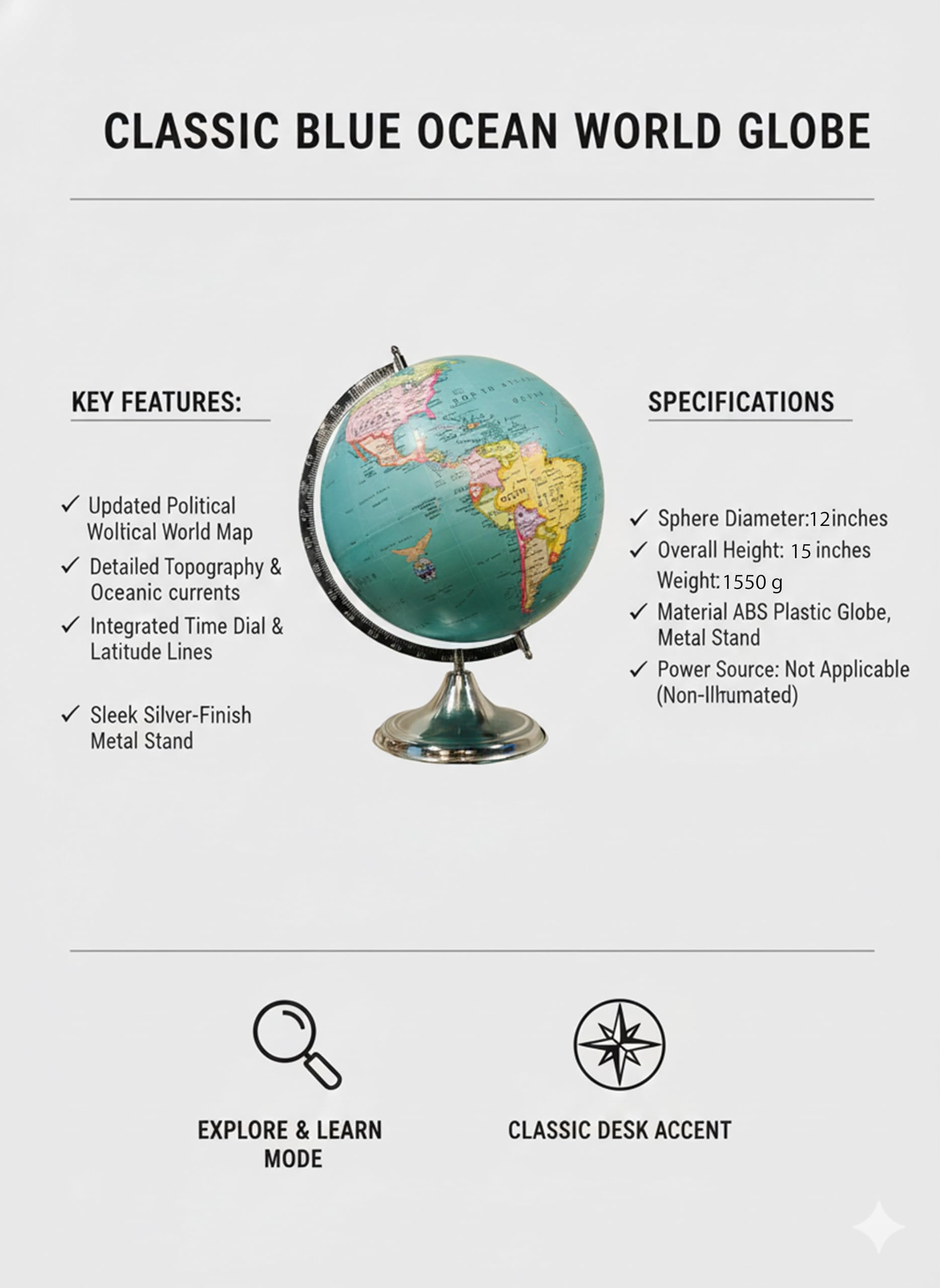 COSMIC GLOBE EXPORTS Rotating World Globe 12 Inch with Metal Arc and Stand for Home Décor, Office Decor and Decorations items,Study Table decor Items, Birthday, Party Gifts and Anniversary. 1