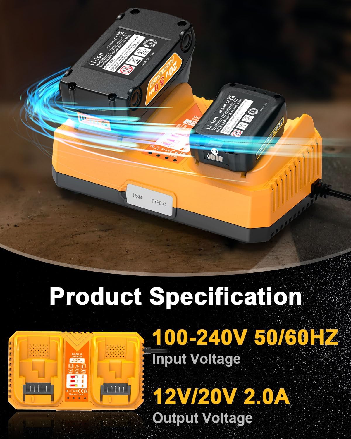 Aoasur 2-Pack 5.0Ah Battery Replacement for Dewalt 20v Battery with DCB102 Battery Charger Station(Yellow)