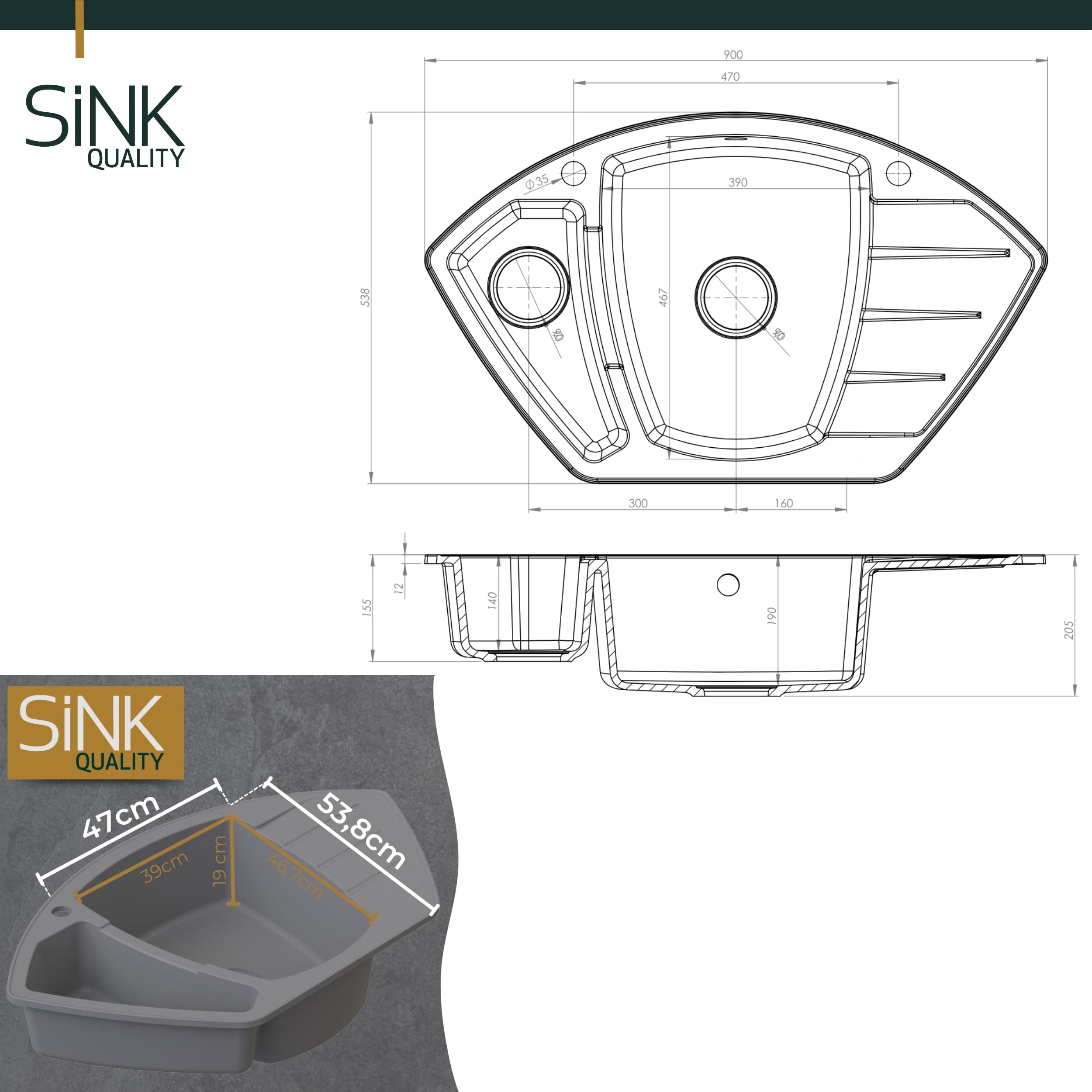 SINK Quality zlewozmywak narożny z granitu 90 x 54 cm - szary – 1,5 umywalka zlewozmywak do zabudowy z umywalką na resztki, wytrzymały i odporny na zarysowania, w zestawie syfon i impregnacja