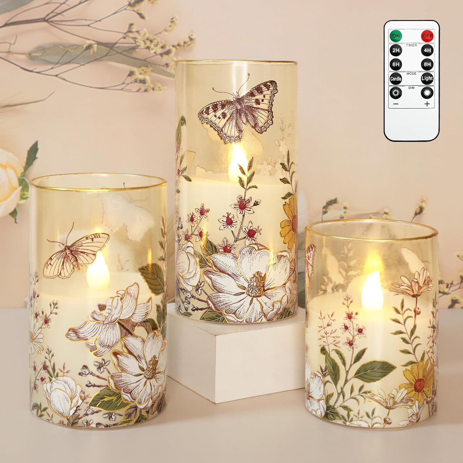 Impress Life Flameless Candles with Remote, 3PCS Butterfly Floral Glass Candles with 3D Flickering LED Wick, Battery Operated Candles for Spring Decor & Home