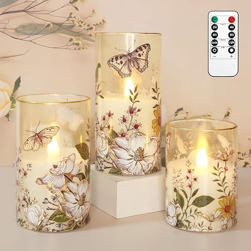 Impress Life Flameless Candles with Remote, 3PCS Butterfly Floral Glass