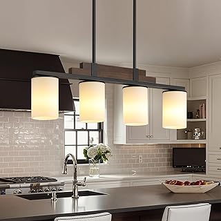 Farmhouse Wood Kitchen Island Lighting, 4-Light Adjustable Chandelier for Dining Room, Milk Glass Shade Dining Room Light Fixture Over Table, Black Hanging Pendant Lights for Kitchen, Pool Table