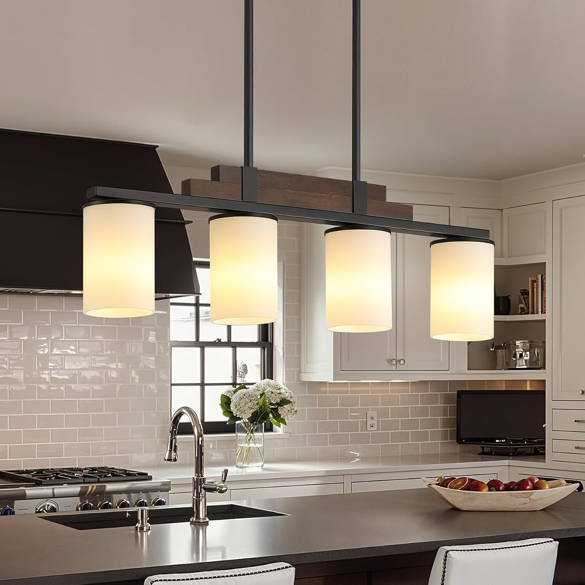 Farmhouse Wood Kitchen Island Lighting 3-Light Adjustable Chandelier for Dining