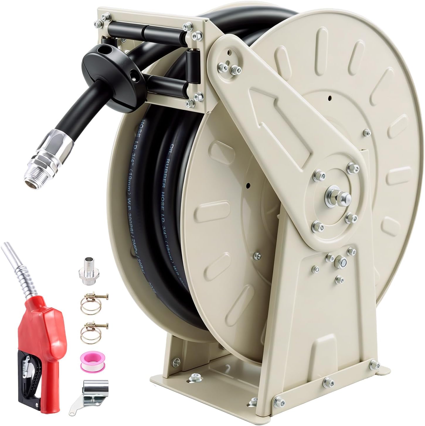 VEVOR Fuel Hose Reel, 3/4 inch x 33 ft Retractable, Spring Driven Auto Swivel Rewind, 300 PSI, Heavy-Duty Carbon Steel Construction with Industrial Grade Rubber Hose, for Diesel Fuel, Kerosene