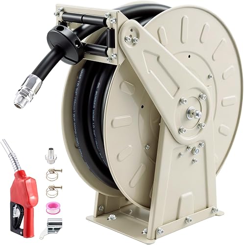 VEVOR Fuel Hose Reel, 3/4 inch x 33 ft Retractable, Spring Driven Auto Swivel Rewind, 300 PSI, Heavy-Duty Carbon Steel Construction with Industrial Grade Rubber Hose, for Diesel Fuel, Kerosene