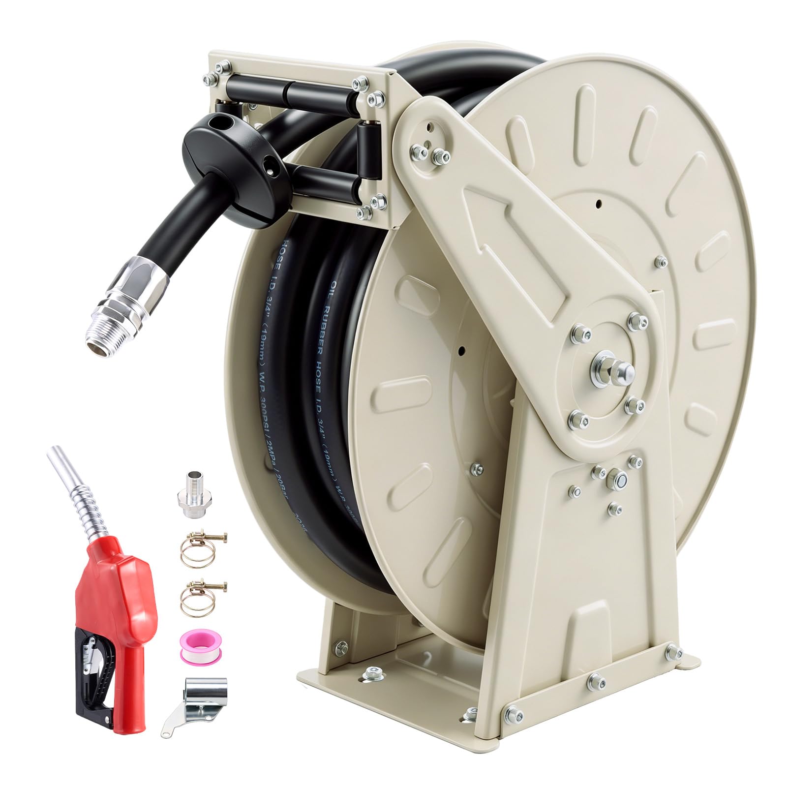 VEVOR Carrete de Manguera de Combustible de 19,05 x 9900 mm 300 PSI | con Resorte de Trinquete, Base de Acero, Enrollador de Manguera Retráctil para Diésel Taller Estación de Servicio