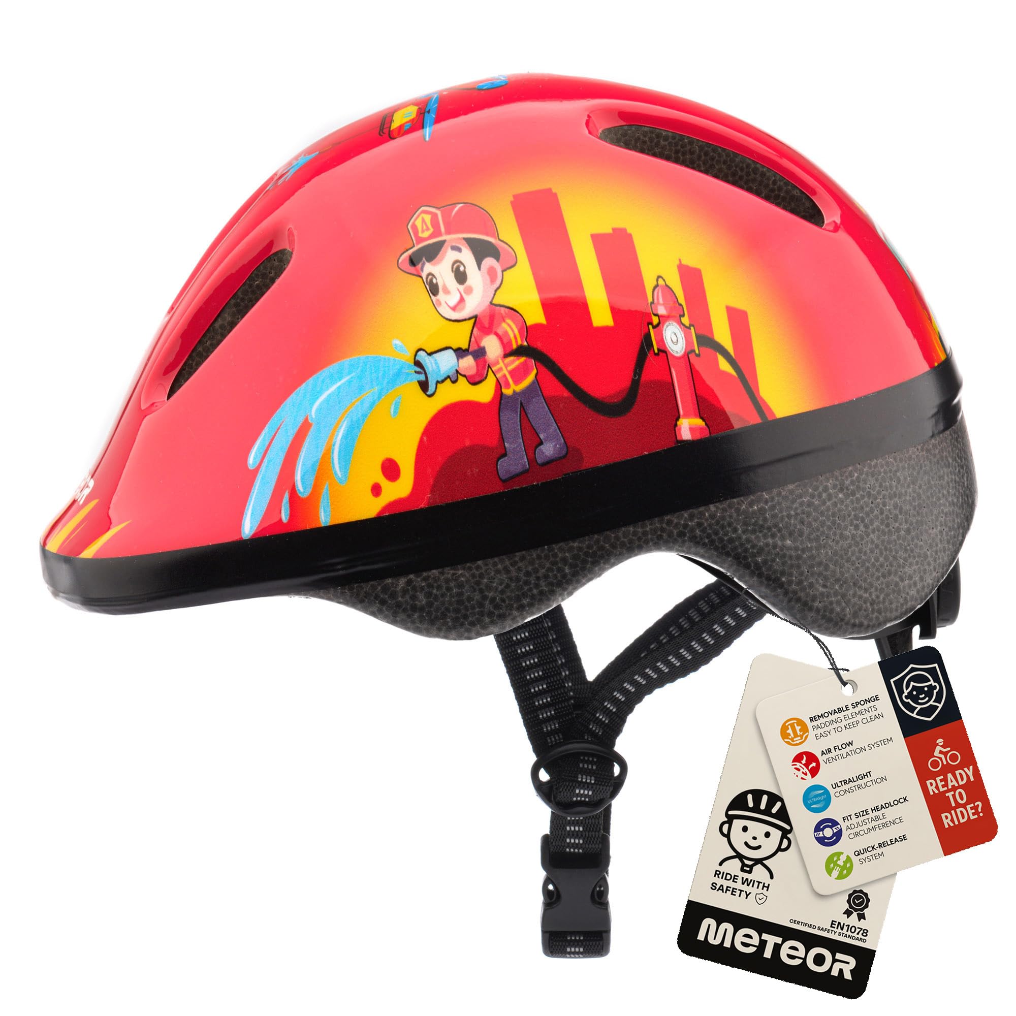 Meteor Kids Bike Helmet Fire 2 XS 44-48 cm, Toddler & Child Cycling Helmet, Lightweight Adjustable Scooter & Skate Helmet with Airflow Vents, Washable Padding, Safety Head Protection