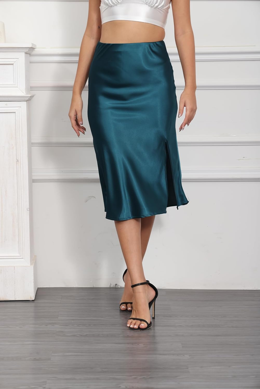 ALCEA ROSEA Womens Silky Satin Midi Skirt High Waist Elastic Waist A Line Skirt with Slit - Image 4