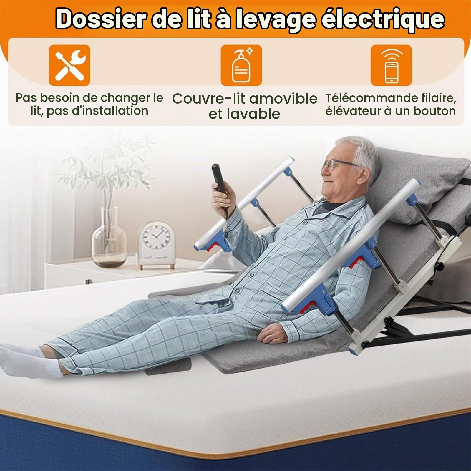 Dossier de lit électrique, Dossier de lit électrique avec télécommande, Dossier de lit réglable pour Aider Les Personnes âgées à se Lever Facilement, Dossier de lit électrique avec accoudoir