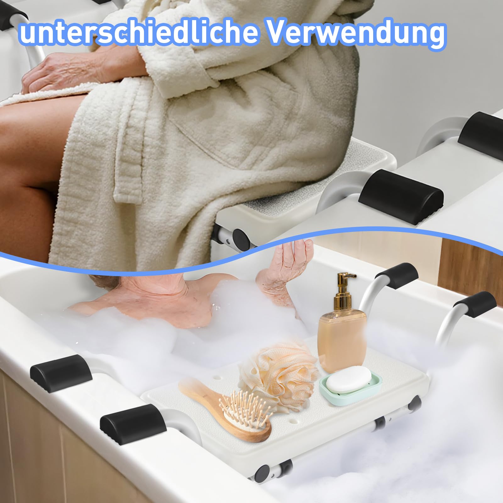 Siège de bain pour personnes âgées avec patins plats en silicone antidérapant et tube en aluminium renforcé de 1,5 mm – Planche de baignoire stable jusqu'à 150 kg, réglable de 71 à 81 cm