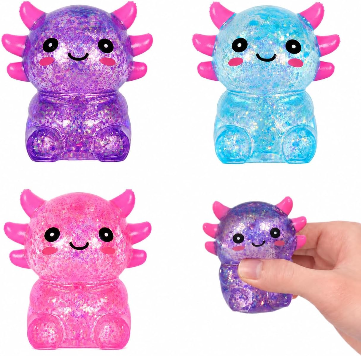 Axolotl Squishy Squeeze Toy, Cute Glitter Fidget Toy for Stress Relief, Sensory Stress Ball for Anxiety Relief, Crebloxinn Soft Squishy Toy for Kids & Adults(3Pack)