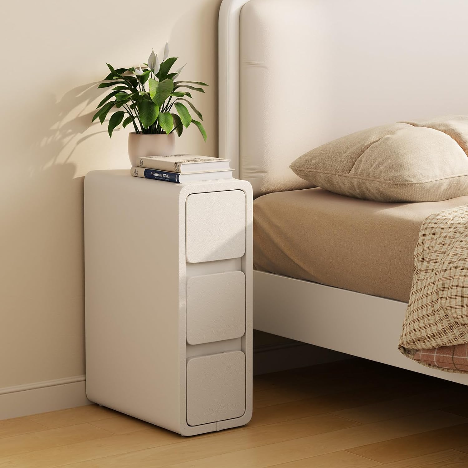 AQIMUELE Narrow Nightstand - Narrow Bedside Table with Drawers, Wood Small Nightstand with Leather Surface for Bedroom, White - 7.9" W 7.9"W White (3 Drawers)
