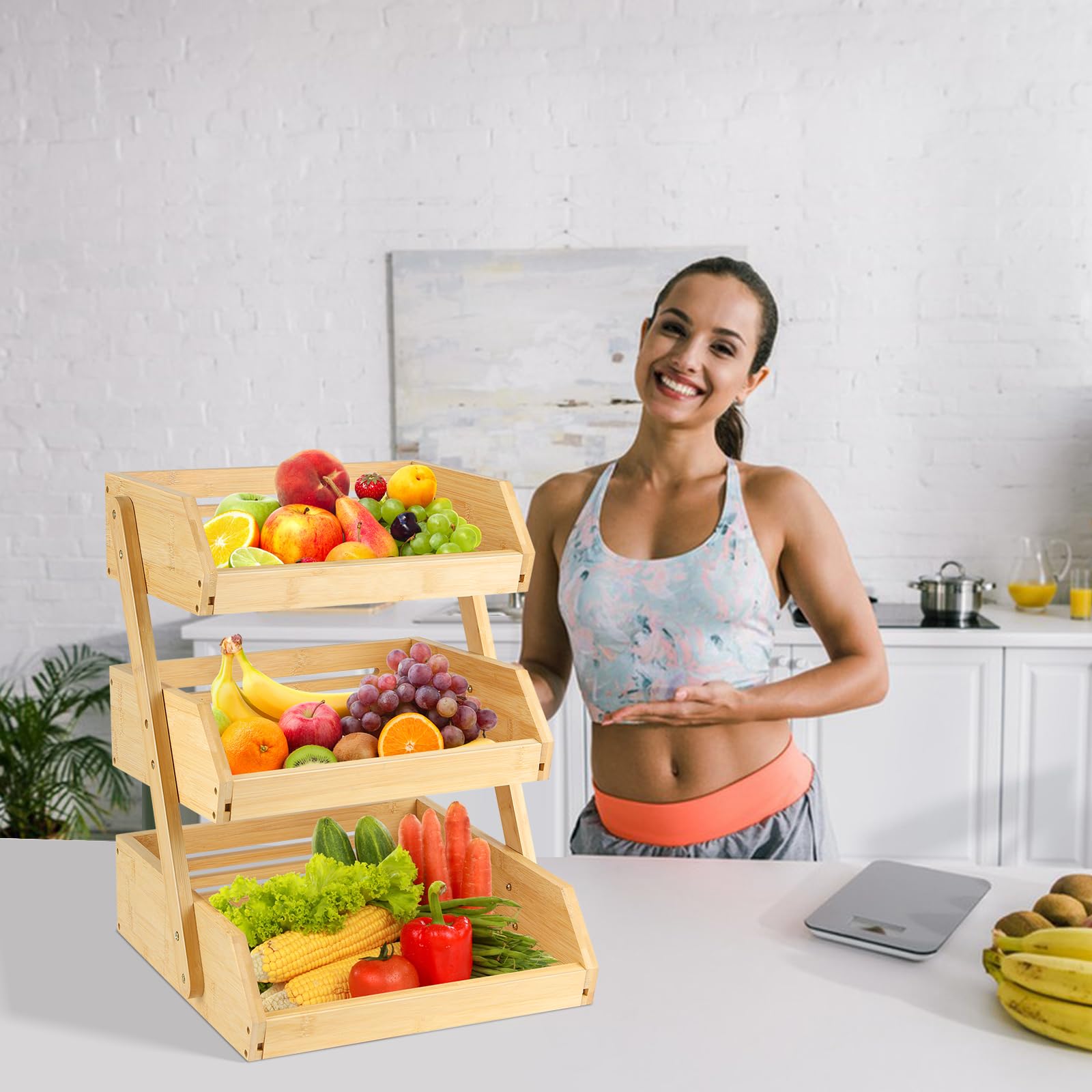 HUOLE Soporte para cesta de fruta de madera de pan en la cocina, soporte para cesta de frutas de bambú, 3 niveles, para encimera de cocina de frutas, 30 x 33 x 41 cm