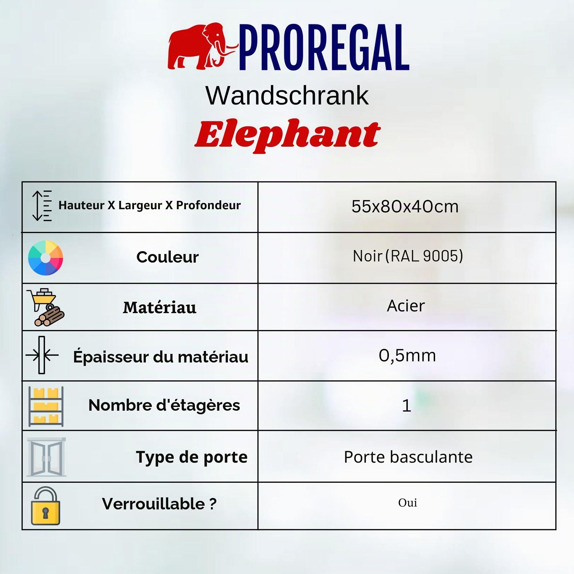 PROREGAL Armoire à Outils Elephant Murale verrouillable en métal Suspendue 55x80x40cm 2 Niveaux en Acier avec revêtement en Poudre Noire 40cm de Profondeur