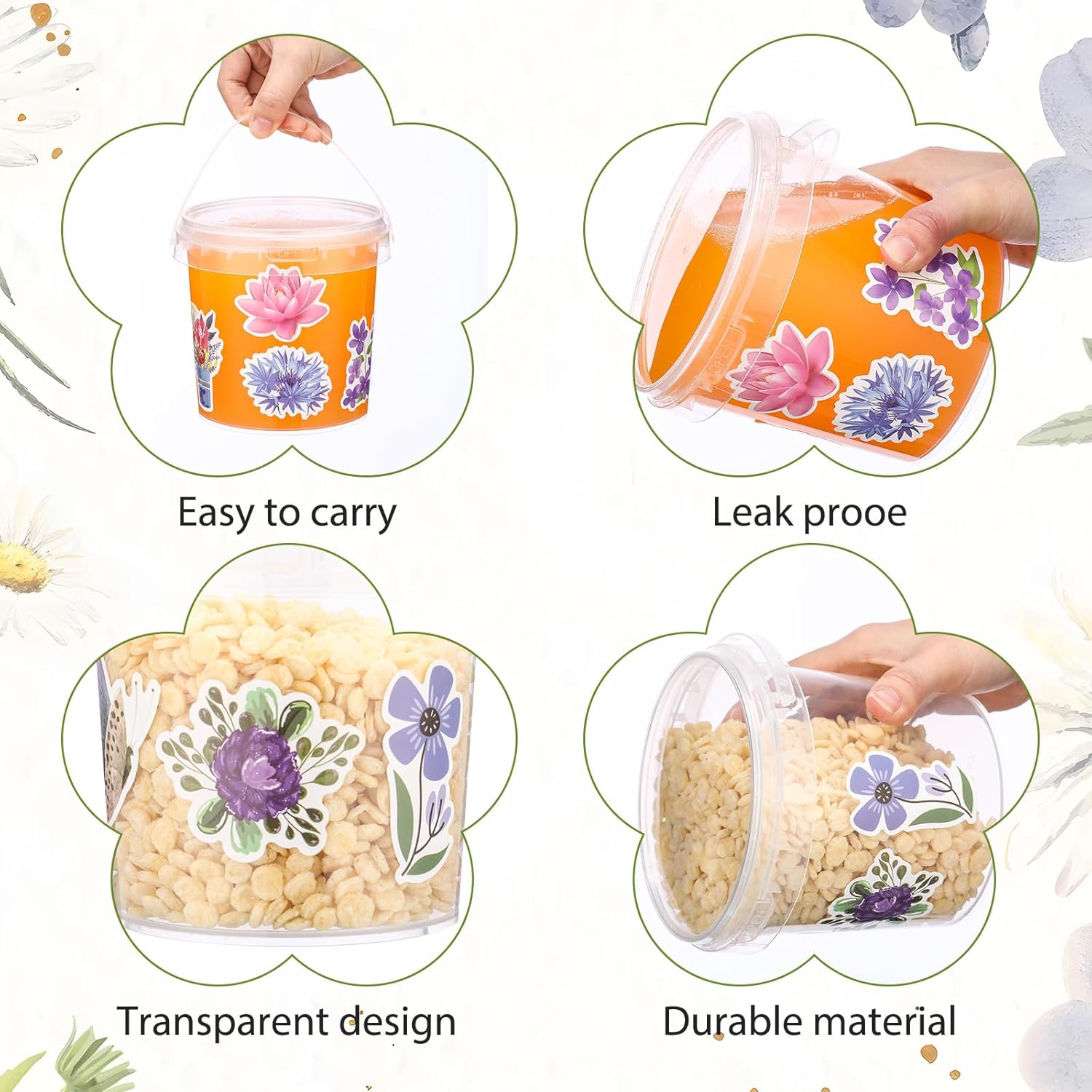 PerKoop 20 Pcs 32 oz Ice Cream Buckets with Lids and Handles Clear Cocktail Rum Buckets with Stickers Plastic Transparent Tub Reusable Food Storage Containers for Parties(Floral Leaf)
