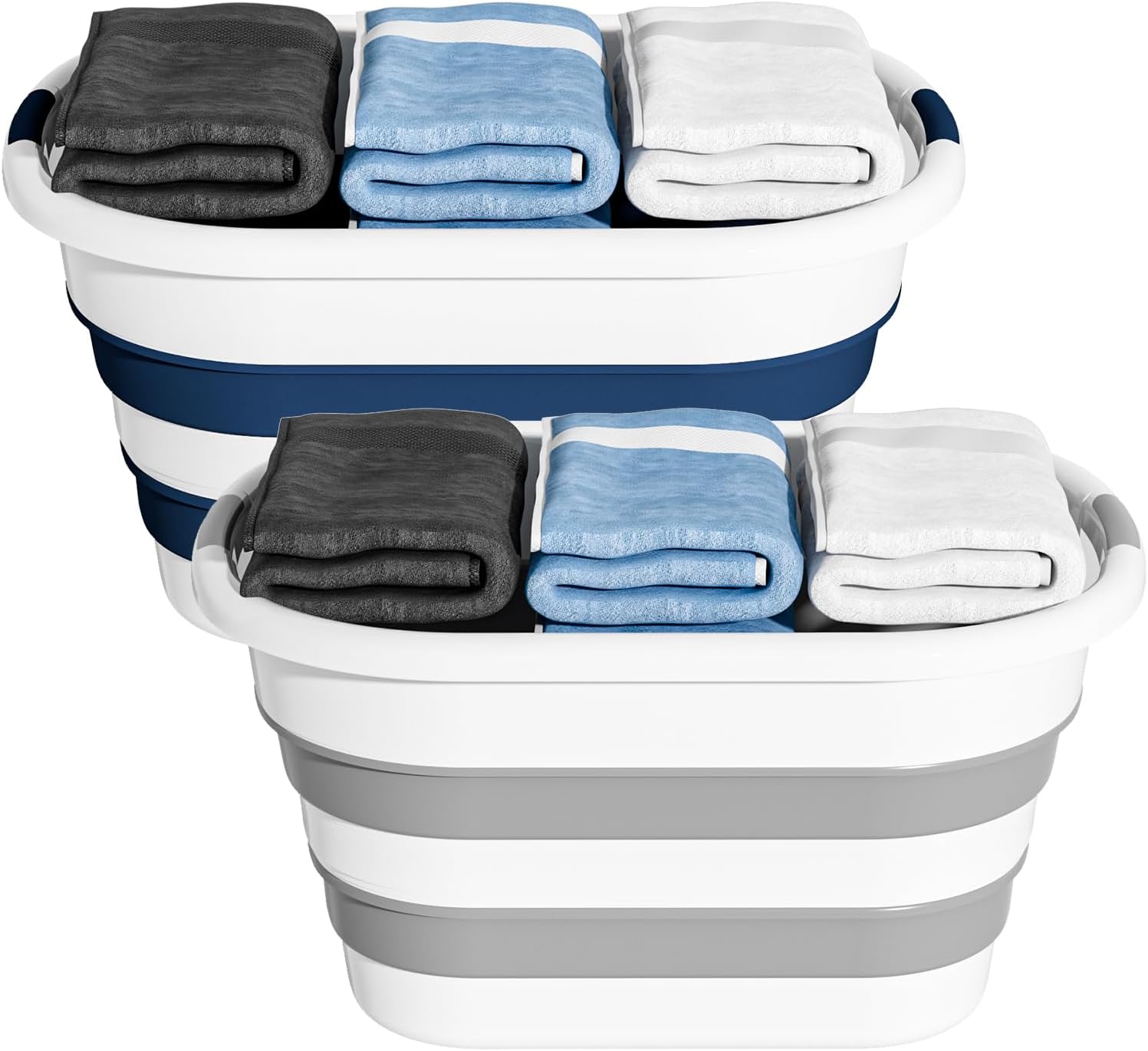 OOAMBB 43L Collapsible Laundry Baskets Plastic (Blue+Grey, 2 Packs) | 11.5Gallon Pop Up Laundry hamper/Storage Container, Foldable Laundry Basket with Large Capacity,Sturdy,Space Saver