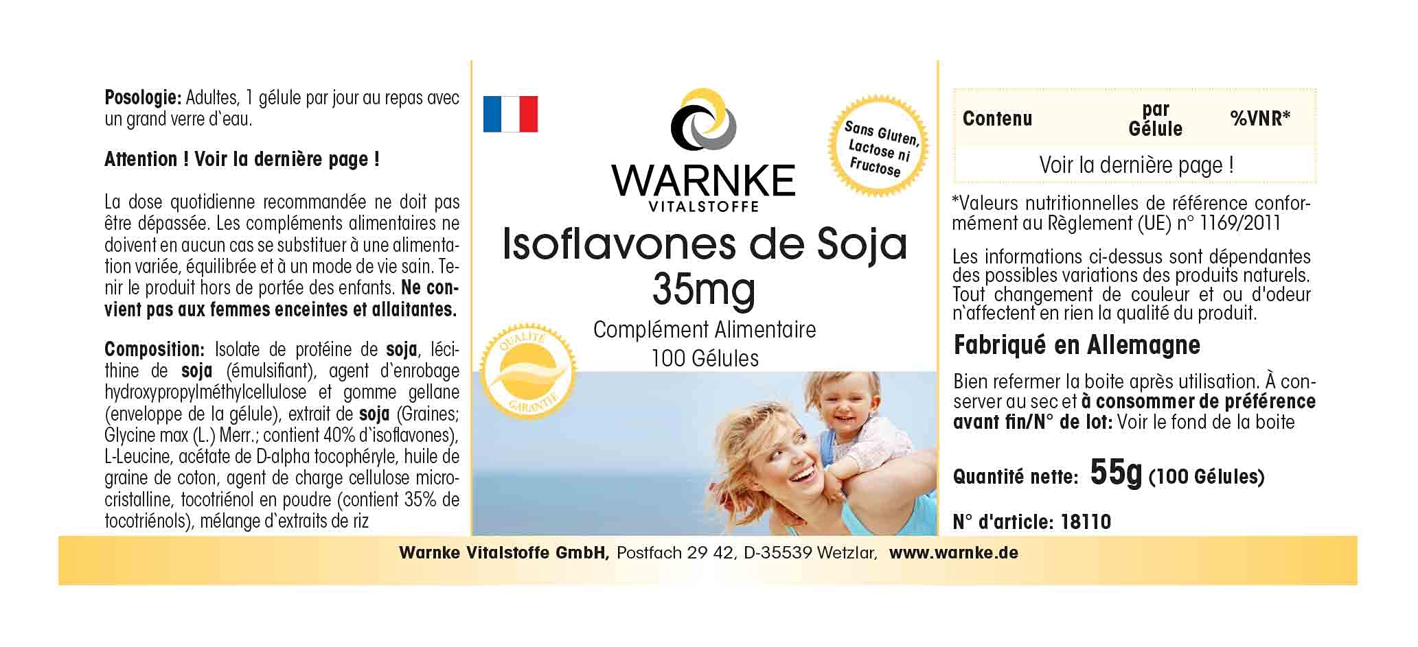 Isoflavones de Soja 35 mg - 100 gélules - Avec vitamine E | Warnke Vitalstoffe - Qualité des pharmacies allemandes