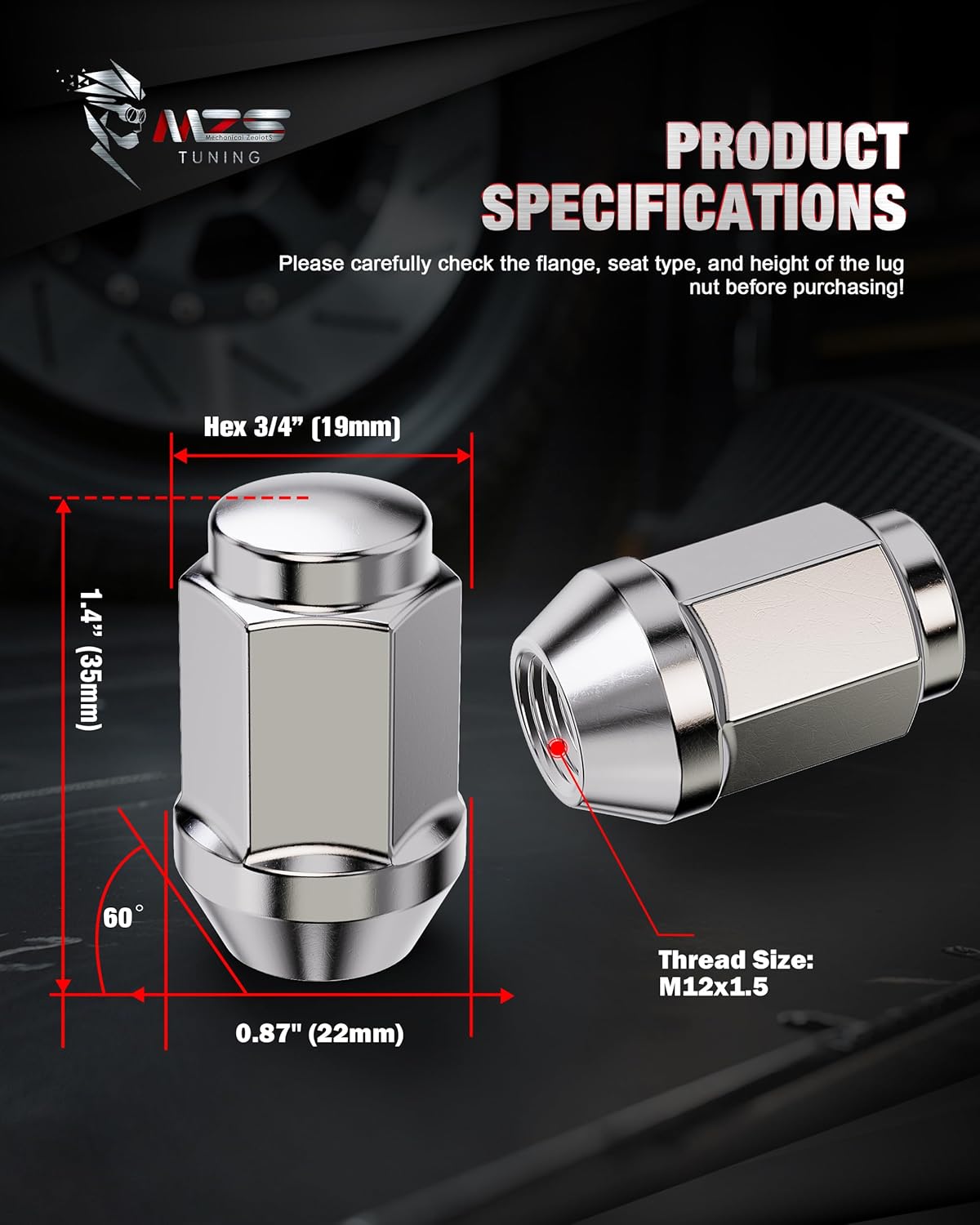 MZS ATV UTV M12x1.5 Lug Nuts, 19mm Hex Cone Seat Closed End Wheel Nut for Ranger RZR XP 900 1000 / General 1000 / Pioneer 500 700 1000, One-Piece Design Lugnuts, Chrome, 16Pcs