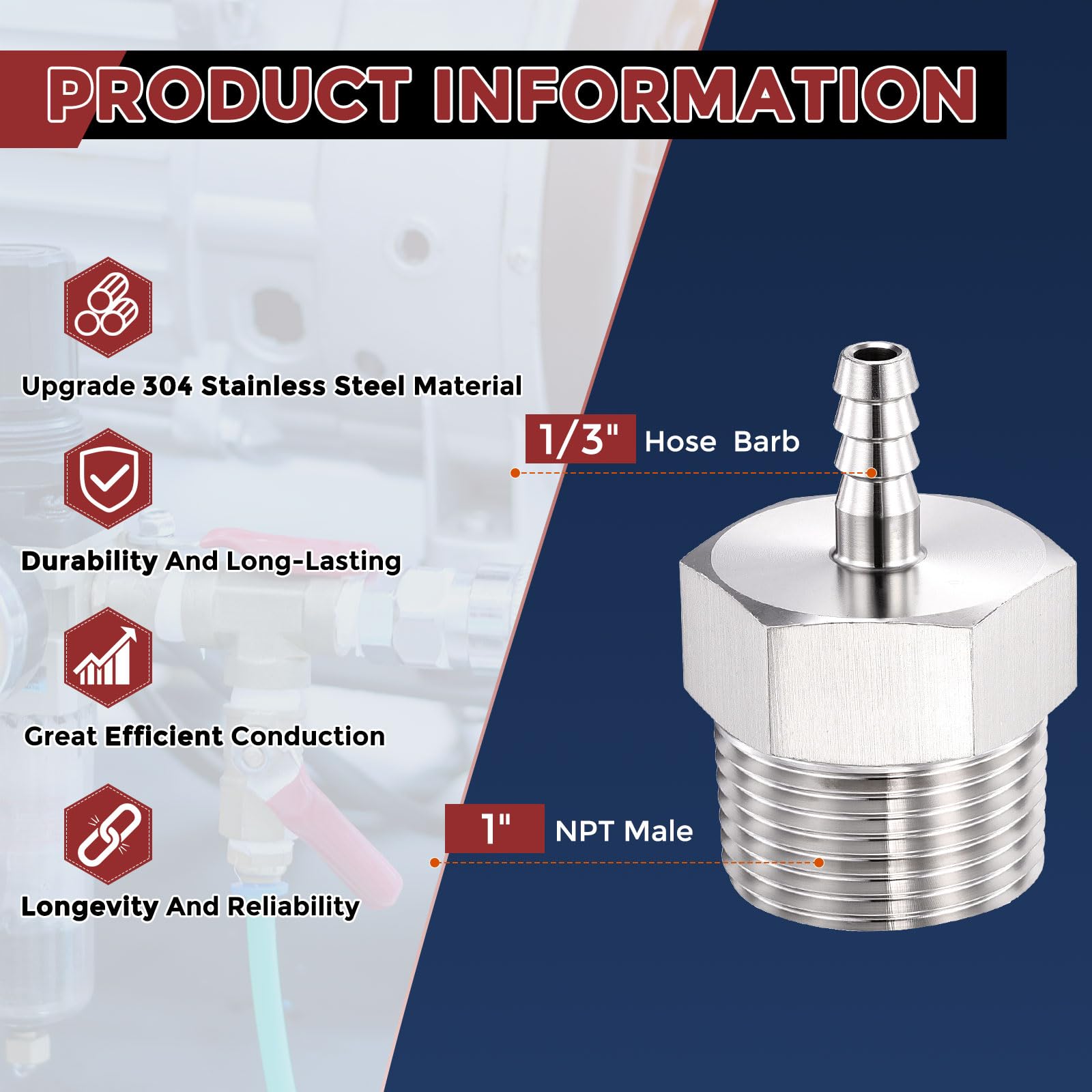 Paquete de 5 púas de manguera de acero inoxidable 304 de 1/3 pulgadas a accesorios macho NPT de 1 pulgada, barras hexagonales de acero inoxidable para máquinas domésticas, bañeras de masaje y