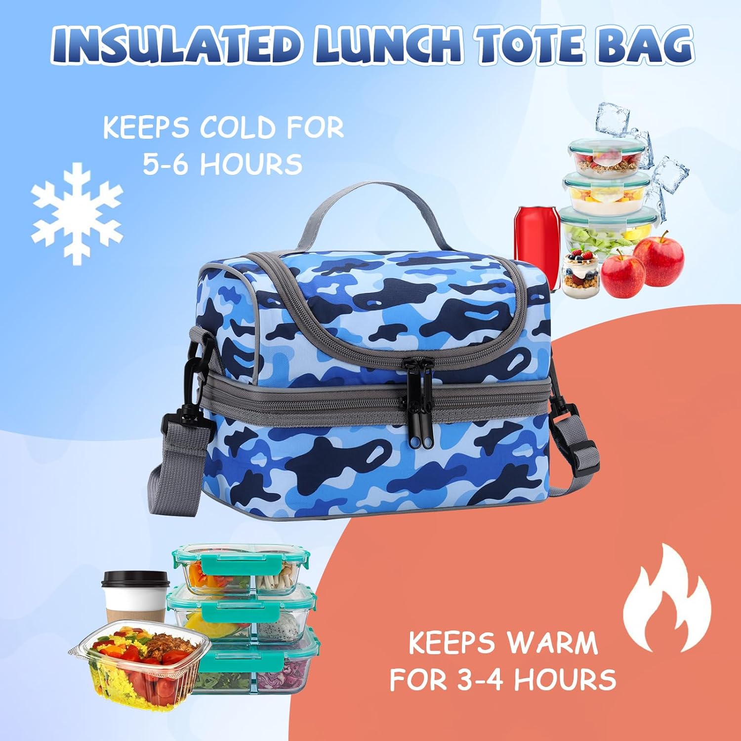 Lunch Bag for Boys,ChaseChic Insulated Lightweight Lunch Boxes for Kids Girls Dual Compartment Lunch Organizer Leak-Proof Cooler Bag with Detachable Adjustable Shoulder Strap,Blue Camo