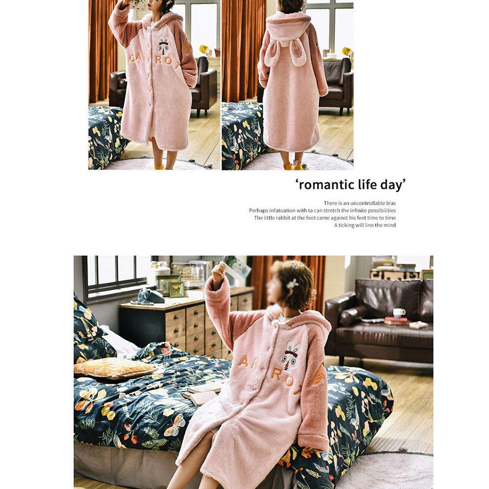 Accappatoio Invernale da Donna, Accappatoio in Flanella con Cappuccio Pigiama in Pile di Corallo Abito Femminile Caldo e Spesso Completo Lungo, Coniglietto-XL