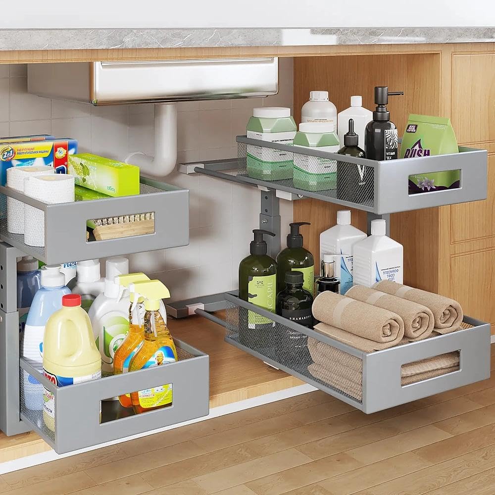 Under Sink Organizer,2-Tier Dual Pull Out Cabinet Organizer Drawers With Smooth Circular Rail,Large Capacity Metal Mesh Sliding Shelves For Bathroom&amp; Kitchen Storage,Height Adjustable–Gun Gray,2 Packs