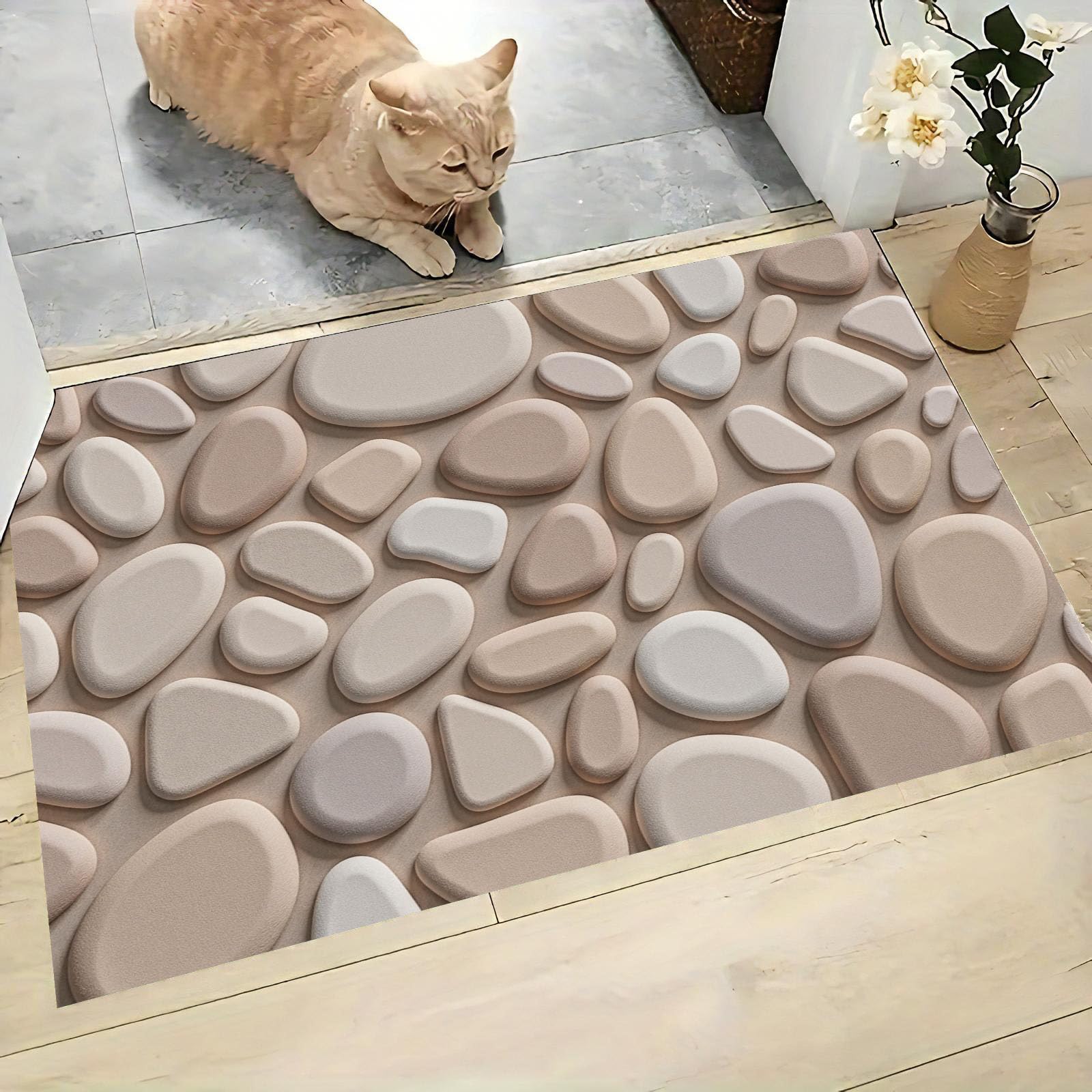 Modern Stone Wall Entryway Rug Pebbles And Rocks Indoor Door Mat Washable Area Rugs Low Pile Non-Slip Carpet Welcome Mat for Front Door Entrance Bathroom, 60 x 90 cm, Beige