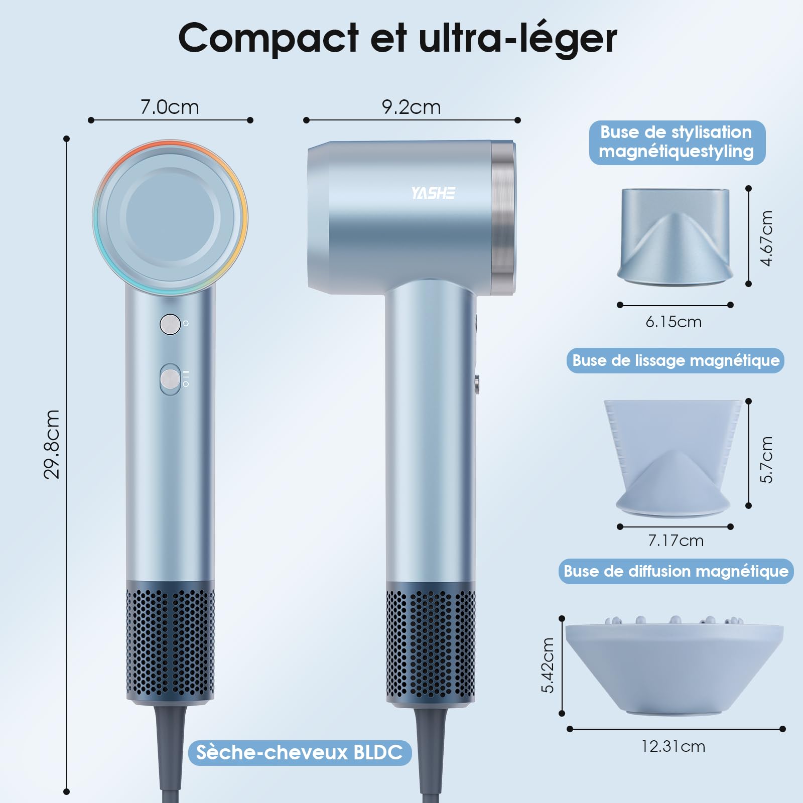 YASHE Sèche-Cheveux Ionique, Moteur Brushless Haute Vitesse de 110 000 tr/min, Séchage Rapide à Faible Bruit de 22 m/s, 1600W Seche Cheveux Professionnel, 1 Diffuseur et 2 Concentrateurs