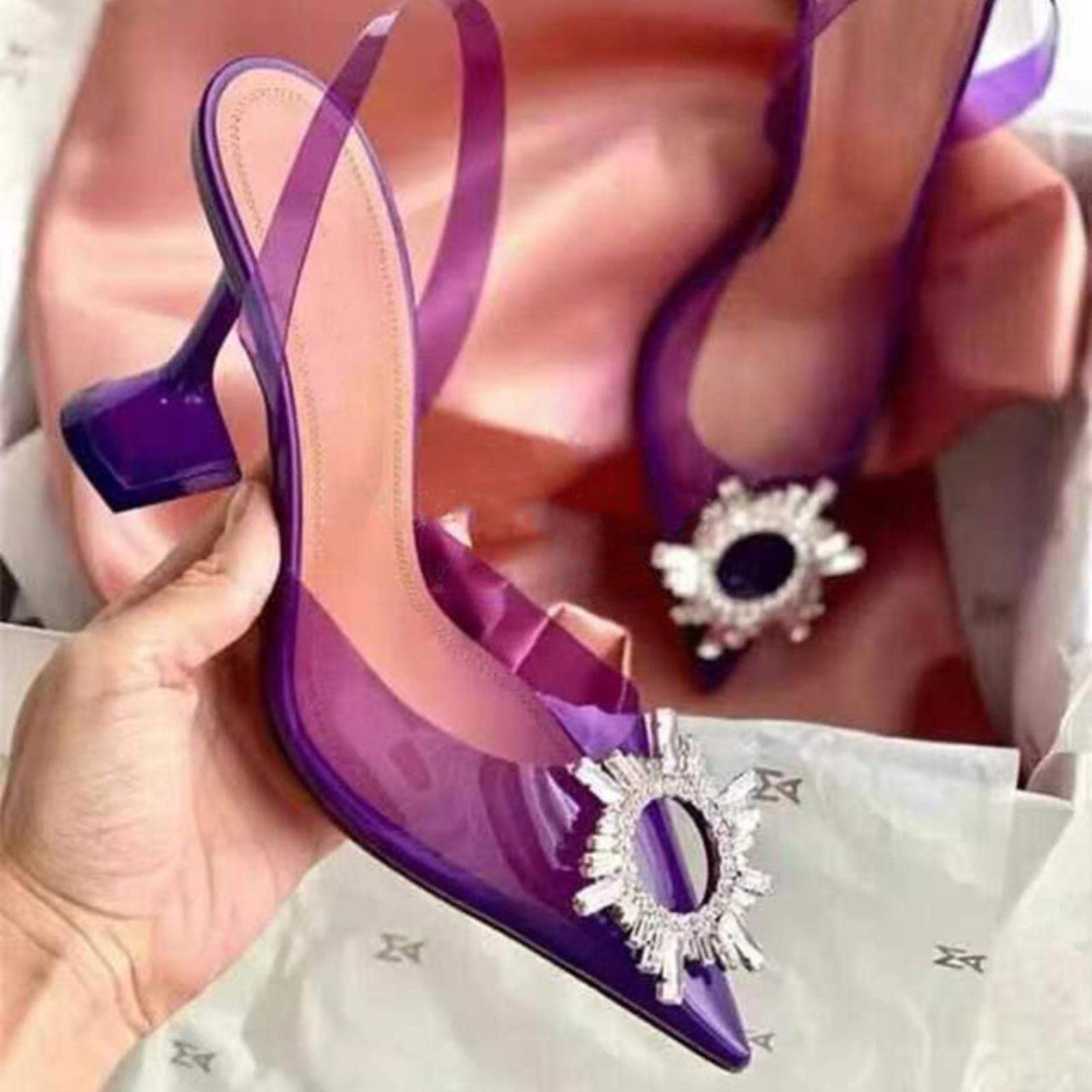 CHOUX Pointed transparent sandals women summer new rhinestone sexy Baotou jelly banquet high heels Large size-purple,34