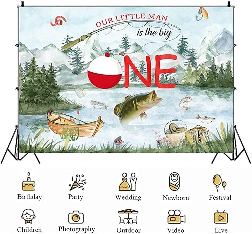 Miniatura 5 de Fondo de fotografía de Our Little Man is The Big One Wild Gone Fishing Background Boy First One Birthday Party Decor Baby Shower Fisherman Party