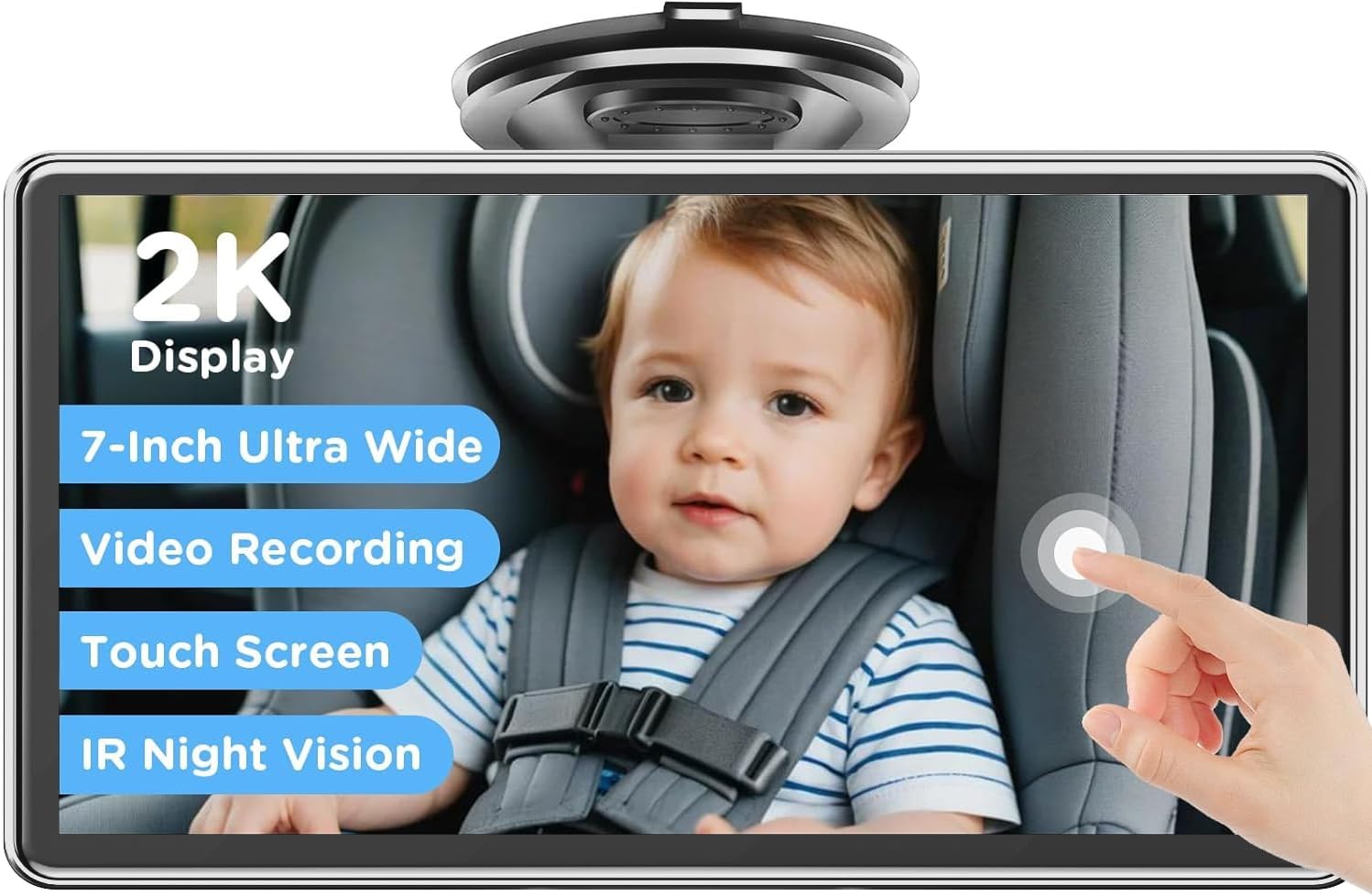 7" Touchscreen Baby Car Mirror, Baby Car Camera HD 1440P, View Infant in Rear Facing Seat with 150°Wide Angle, Night Vision, Easy Setup, Fits Most Cars (Grey)