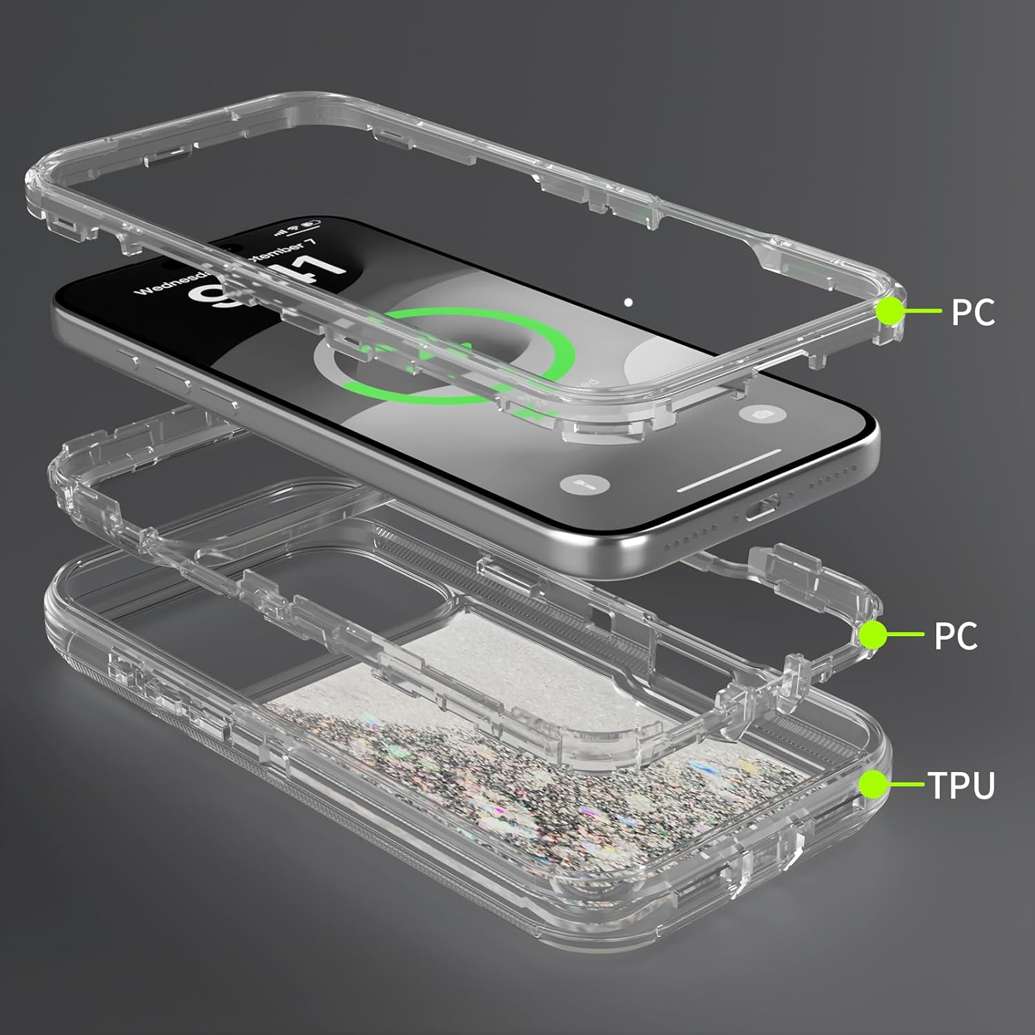 Asuwish Phone Case for iPhone 17 Pro 6.3 inch Screen Protector Bling Liquid Glitter Clear Hybrid Shockproof TPU Military Grade Protective Heavy Duty Cell Cover i Phone17 i17 17Pro Silver - Image 5