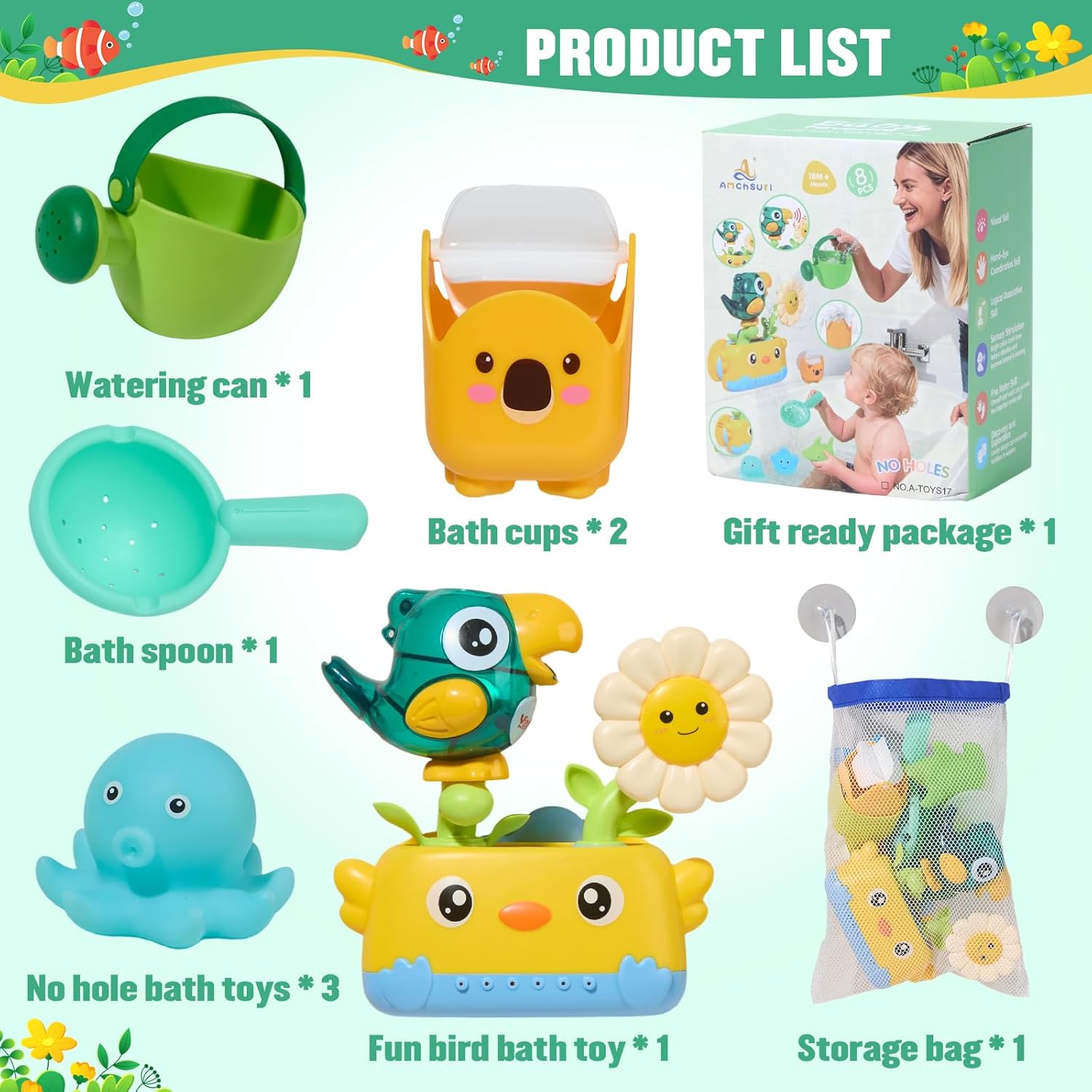 Baby Bath Toys for Kids Ages 1-3 | Fun & Easy Grip Mold Free Bath Toys Toddler 2-4 | Bath Cups Spoon Watering Can for Baby 12-18 Months | Toddler Bath Tub Pool Water Toys for 1+ Year Old Boys Gift