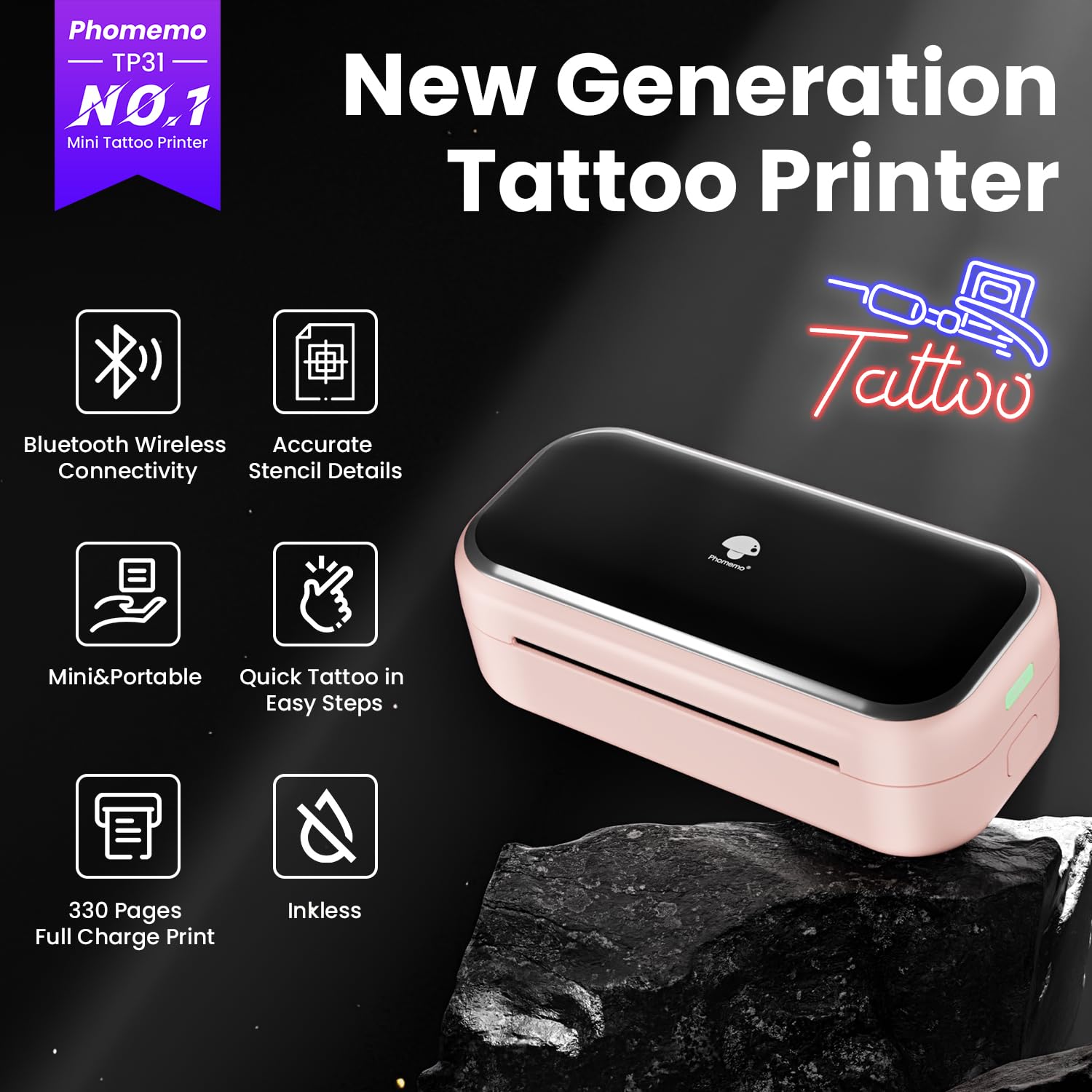 Phomemo TP31 Stampante Stencil Tattoo 3 Pollici, Stampante Termica Tattoo Bluetooth con Carta