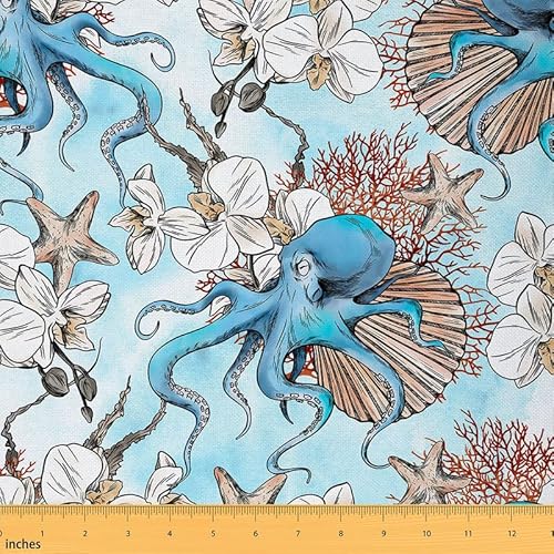 Tessuto in corallo con meduse di The Yard Ocean Shell Fabric Sea Creature Underwater World Outdoor Fabric Marine Life Sealife Aquatic Animal ReFabric per sedie 5 m (L460 x 150 cm) Blu