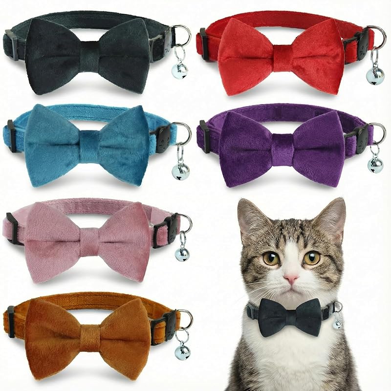 Coleira de veludo para gatos com gravata-borboleta e sino Leezmark, ajustável, pacote com 6