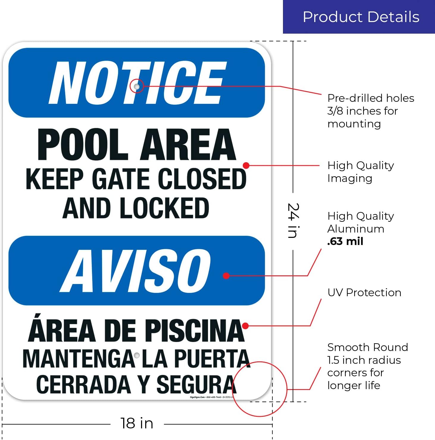 Pool Area, Keep Gate Closed and Locked Sign, Bilingual English Spanish, 18x24 Inches, Rust Free .063 Aluminum, Fade Resistant, Easy Mounting, Indoor/Outdoor Use, Made in USA