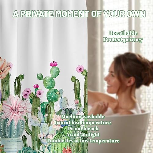 Miniatura 6 de Cortina de ducha con diseño de cactus, diseño de plantas suculentas del desierto para decoración de baño, tela impermeable con ganchos, 70 x 72