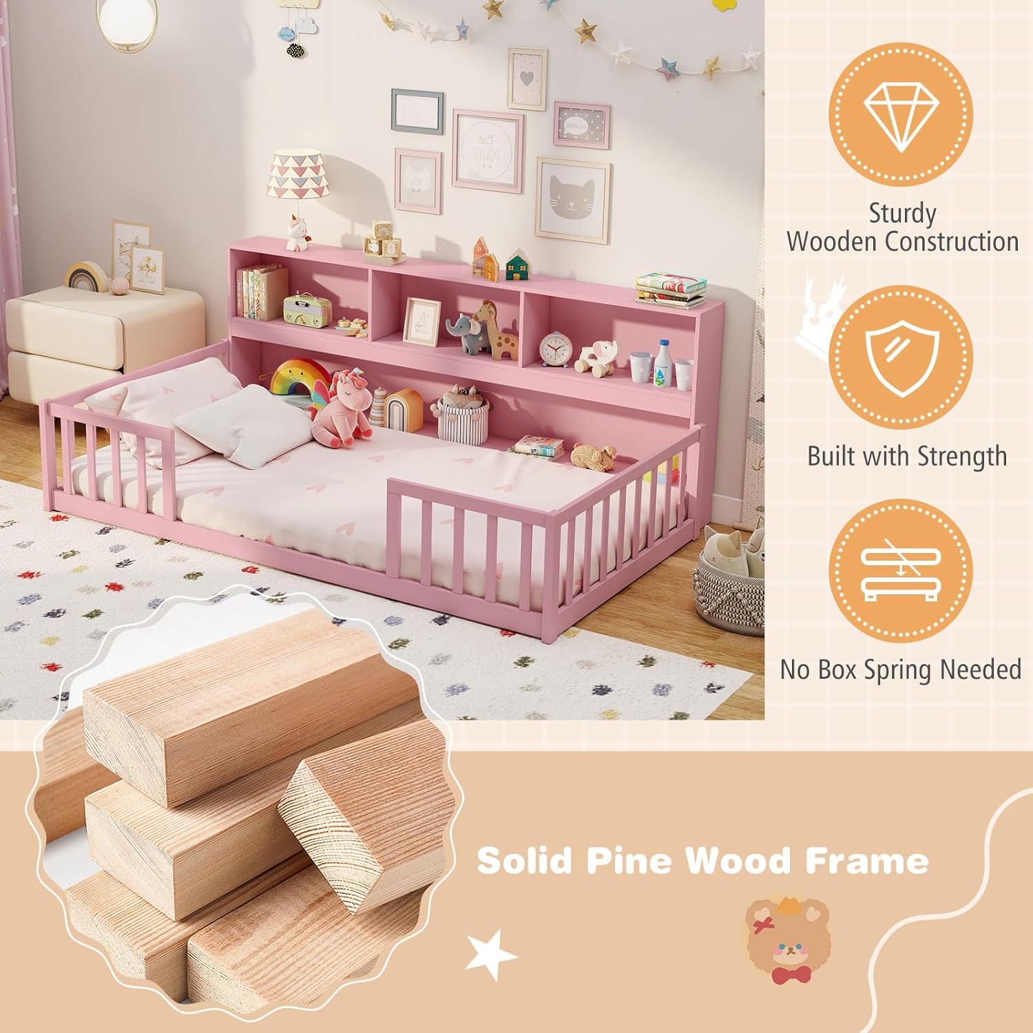 Giantex Twin Floor Bed for Kids, Wooden Montessori Bed Frame with Bookcase, Storage Shelves & Safety Fence Rails, Floor Beds Twin for Girls, Boys, No Box Spring Needed, Without Slats, Pink