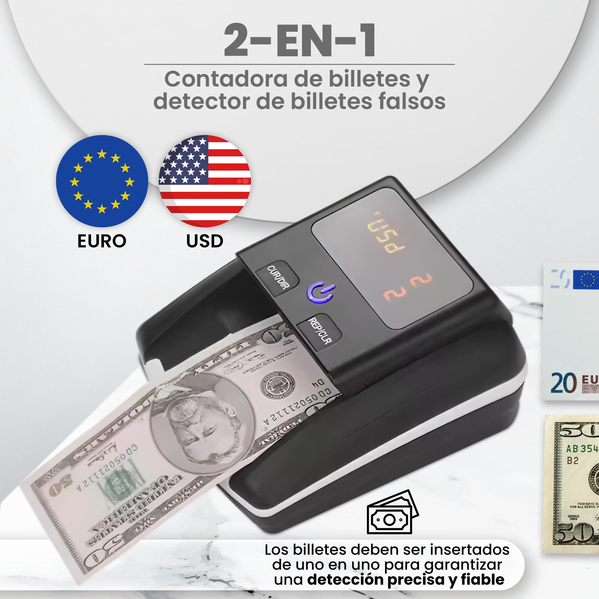 Detector y Contador de Billetes Falsos 2 en 1 - Modelo Actualizado 2025 - Compacto,Libiano y Automático - Detección UV/Microondas/Infrarrojo - Compatible con Euros, Dólares y Libras Esterlinas