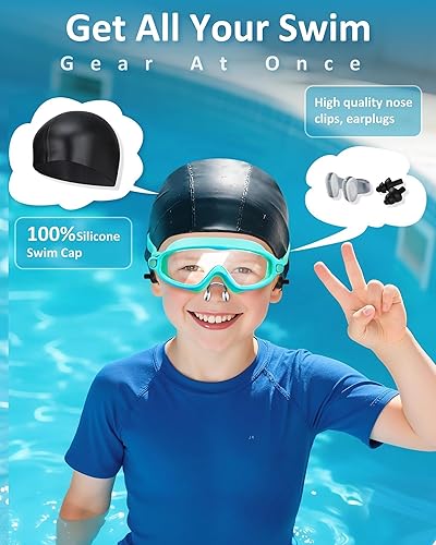 Miniatura 5 de Gafas de natación para niños, antivaho, protección UV y amplia visión con gorro de natación para niños de 3 a 15 años