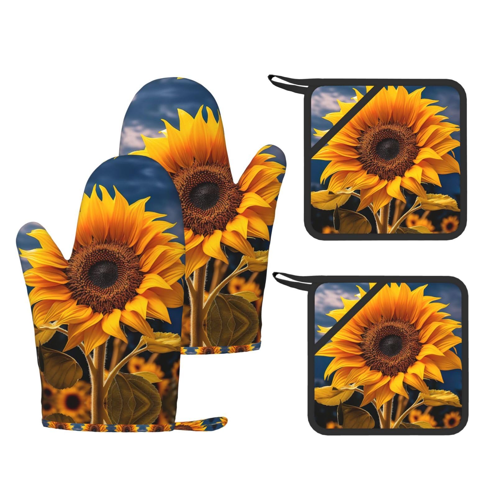 Beautiful sunflower 2 Printed Pot Holders and Oven Mitts 4-Piece, Non-Slip Kitchen Gloves with Utensil Pocket for BBQ